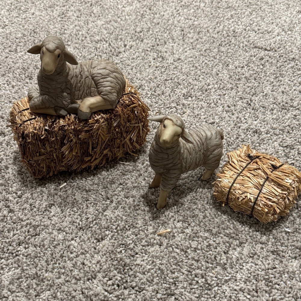 Charming Sheep Figurines with Hay Bales